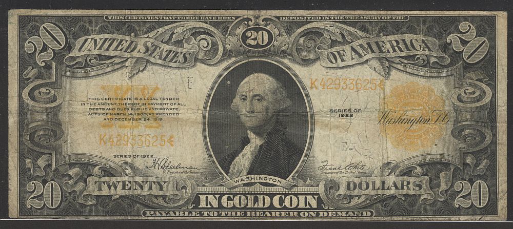 Fr.1187, 1922 $20 Gold Certificate, K42933625